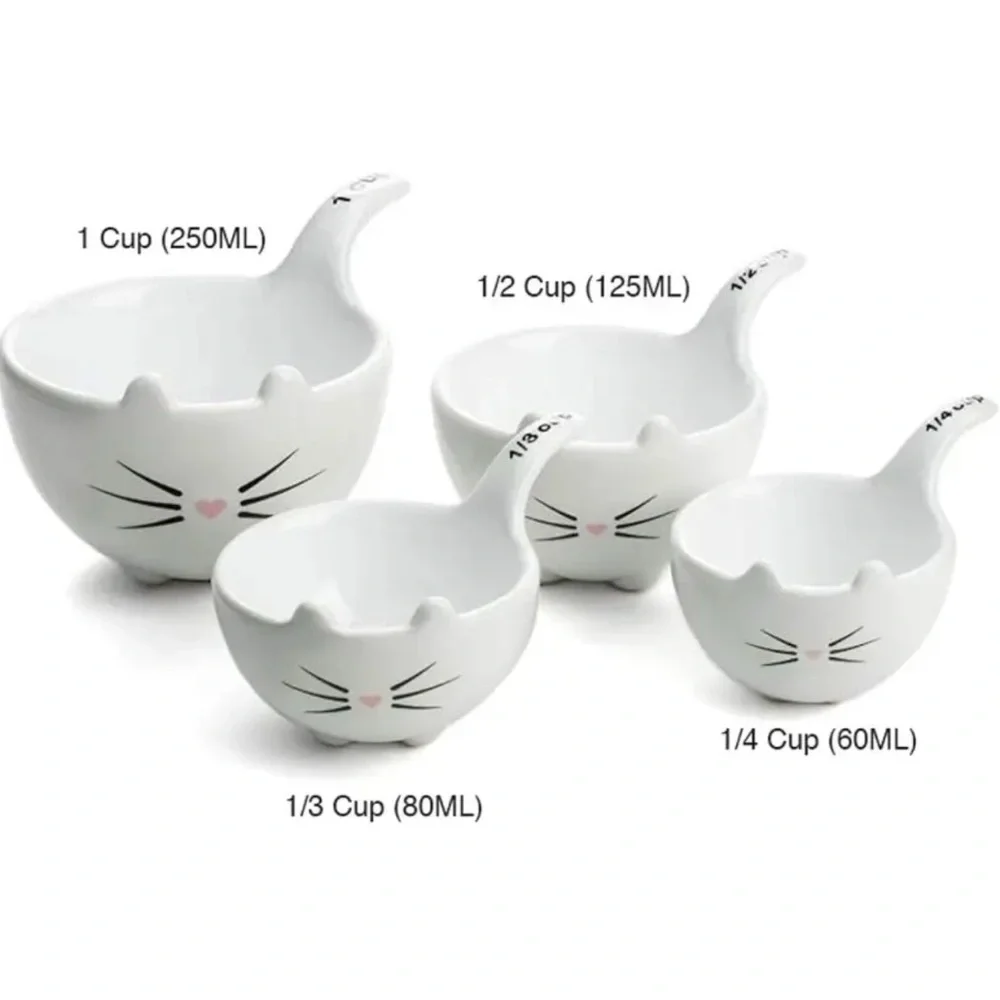 Cat Face Ceramic Measuring Cups - White